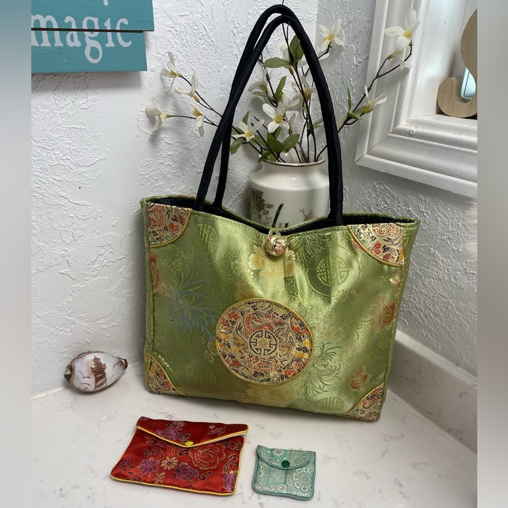 Asian Silk Brocade Embroidered Shoulder Bag With Coin Pouches